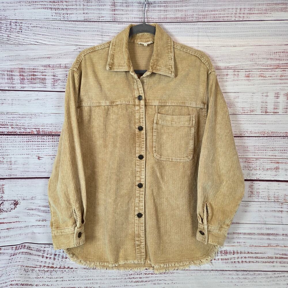 Womens Western Corduroy Shacket Wide Wale Tan S Fringe Hem Earthy Cowgirl Shirt